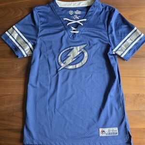 Majestic Tampa Bay Lightning Youth Blue Lace-Up Jersey Top with Silver Logo